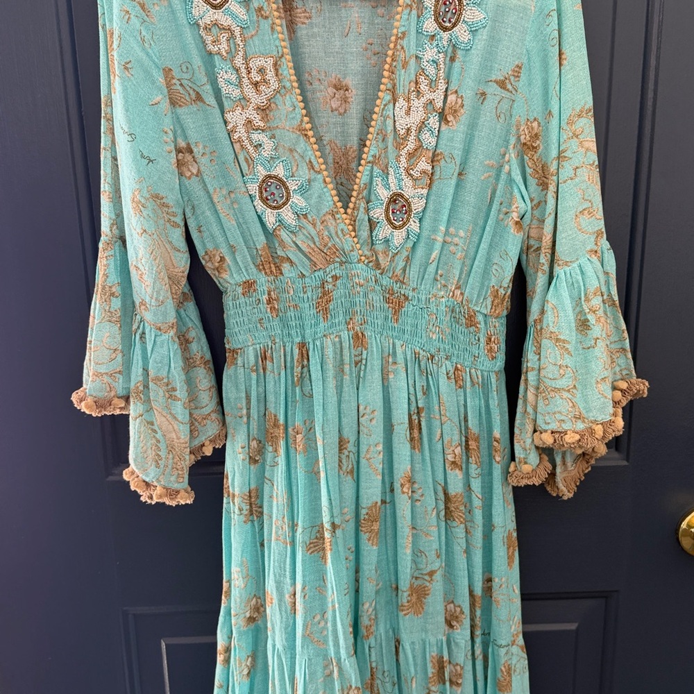Bohemian Leoni Al Sole by Giacono Cirque Turquoise Beaded Maxi Dress w/ Pom Poms - Picture 7 of 14